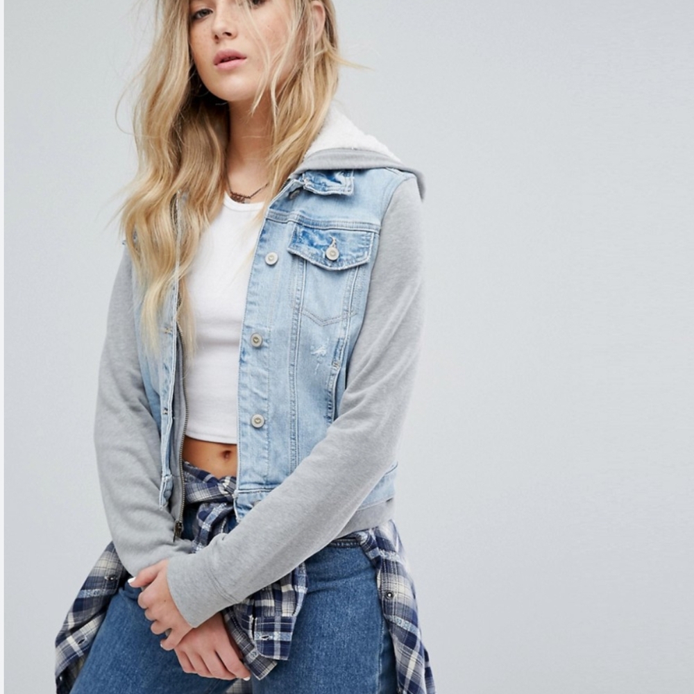 Hollister Women's Jean And Grey Sweatshirt Combo Jacket
